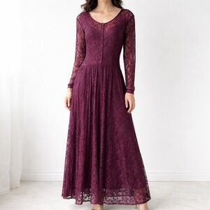 VTG 90s Starina Lace Maxi Dress Burgundy Sz M Fairy Whimsigoth Button Down